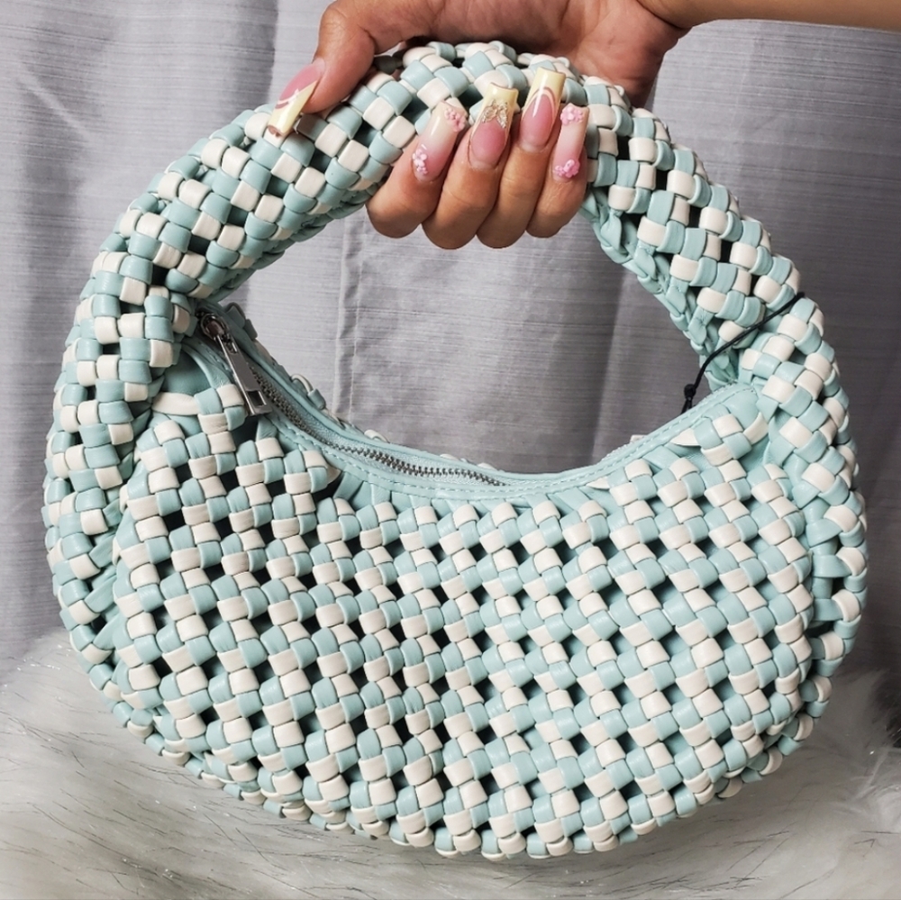 Sincerely Jules Woven Blue White Vegan Leather Shoulder Bag Faux Hobo NEW